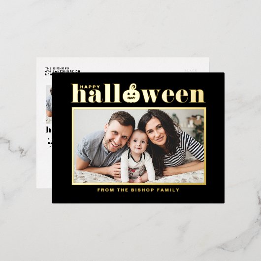 ジャックオランタンブラックとホワイトのフォトハロウィーン 箔シーズンポストカード (正面/裏面)