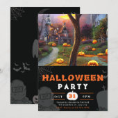 ジャックオーランタンとお化け屋敷の黒いハロウィン 招待状 (正面/裏面)