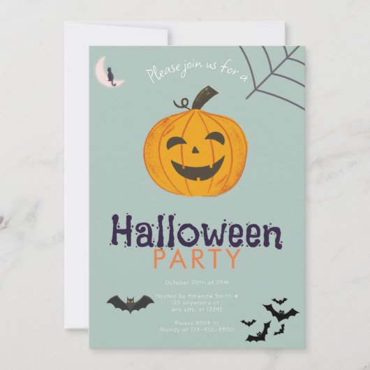 ジャックオーランタンのコウモリと月 ハロウィンパーティー 招待状 (正面)
