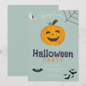 ジャックオーランタンのコウモリと月 ハロウィンパーティー 招待状 (正面/裏面)