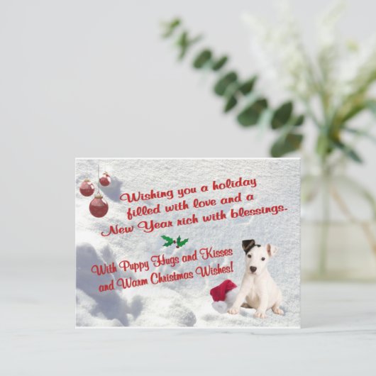 ジャックラッセルのクリスマスは郵便はがきを抱き締め、接吻します シーズンポストカード (スタンド正面)