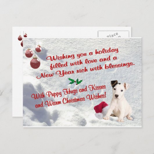 ジャックラッセルのクリスマスは郵便はがきを抱き締め、接吻します シーズンポストカード (正面/裏面)