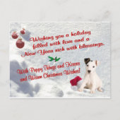 ジャックラッセルのクリスマスは郵便はがきを抱き締め、接吻します シーズンポストカード (正面)