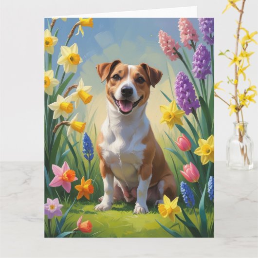 ジャックラッセルの犬と春の花の絵 カード (黄色い花)