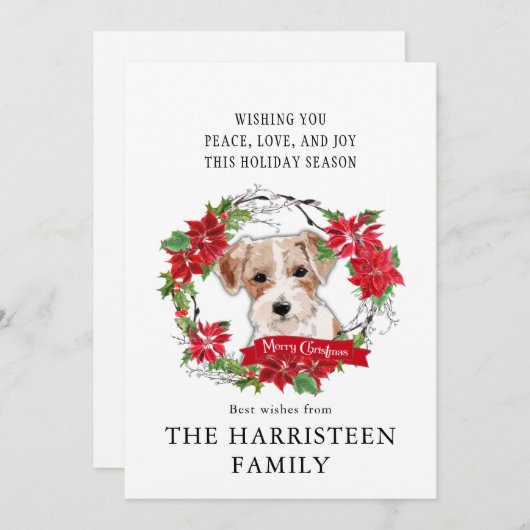 ジャックラッセルウォーターカラーポインセチアのクリスマス シーズンカード (正面/裏面)