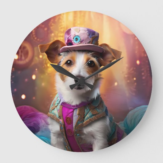 ジャックラッセルカラフルの衣装 ラージ壁時計 (正面)