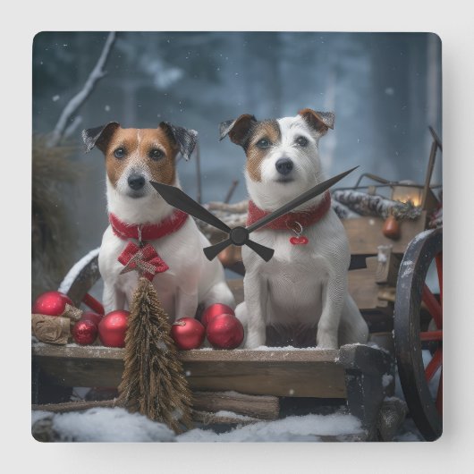 ジャックラッセルスワイスリーのクリスマスデコール スクエア壁時計 (正面)