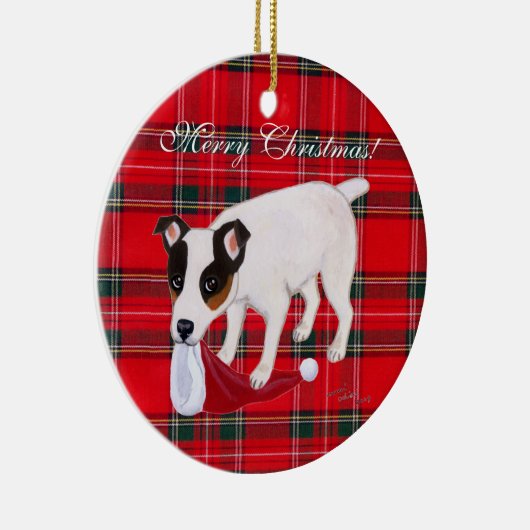 ジャックラッセルテリアのクリスマスのタータンチェック セラミックオーナメント (右)