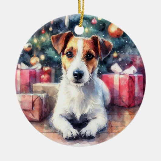 ジャックラッセルテリアウォーターカラーシーンクリスマス セラミックオーナメント (正面)