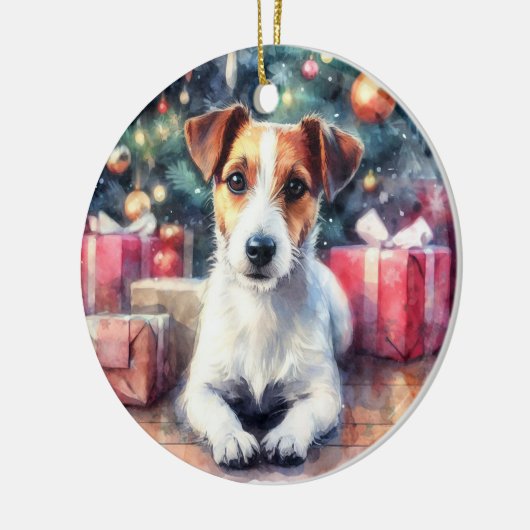 ジャックラッセルテリアウォーターカラーシーンクリスマス セラミックオーナメント (左)