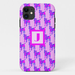 ジャックラッセルテリアードッグラバーピンク&ブルーモノグラム iPhone 11 ケース