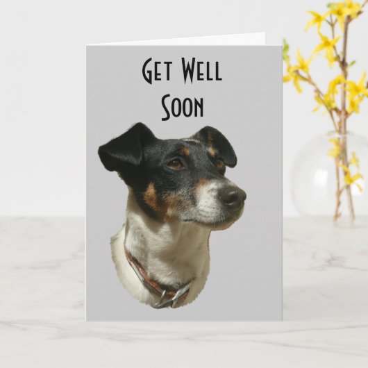 ジャックラッセル犬の挨拶状が付いている井戸をすぐに得て下さい カード (黄色い花)