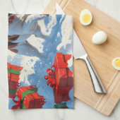 ジャックラッセル走がクリスマス帽子と雪に降りてくる キッチンタオル (四つ折り)