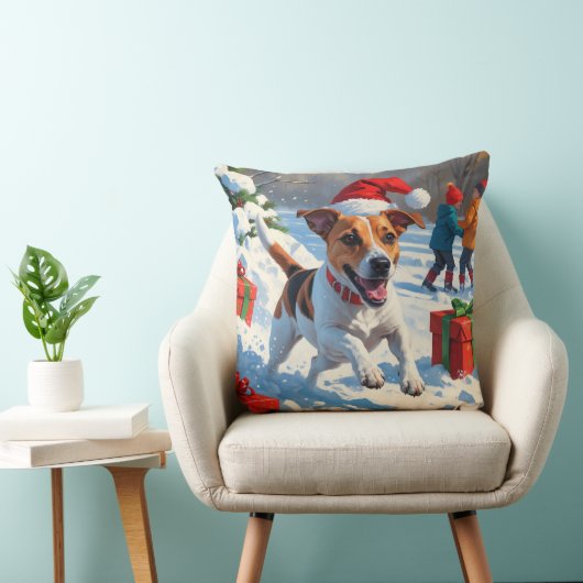 ジャックラッセル走がクリスマス帽子と雪に降りてくる クッション (椅子)