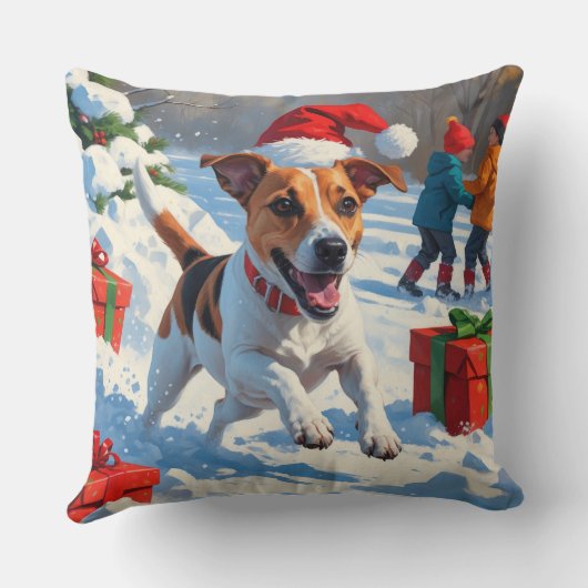 ジャックラッセル走がクリスマス帽子と雪に降りてくる クッション (裏面)