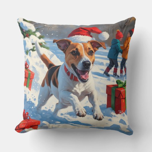 ジャックラッセル走がクリスマス帽子と雪に降りてくる クッション (正面)