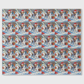 ジャックラッセル走がクリスマス帽子と雪に降りてくる ラッピングペーパー (フラット)