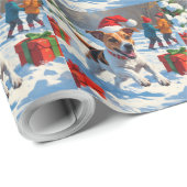 ジャックラッセル走がクリスマス帽子と雪に降りてくる ラッピングペーパー (ロールコーナー)