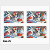 ジャックラッセル走がクリスマス帽子と雪に降りてくる 長方形シール (シート)