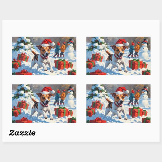 ジャックラッセル走がクリスマス帽子と雪に降りてくる 長方形シール (シート)