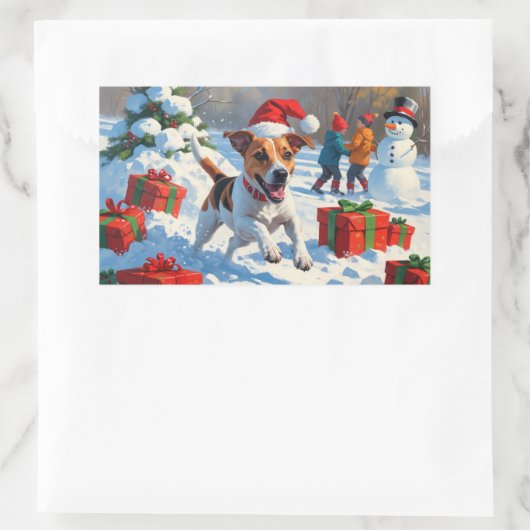 ジャックラッセル走がクリスマス帽子と雪に降りてくる 長方形シール (バッグ)