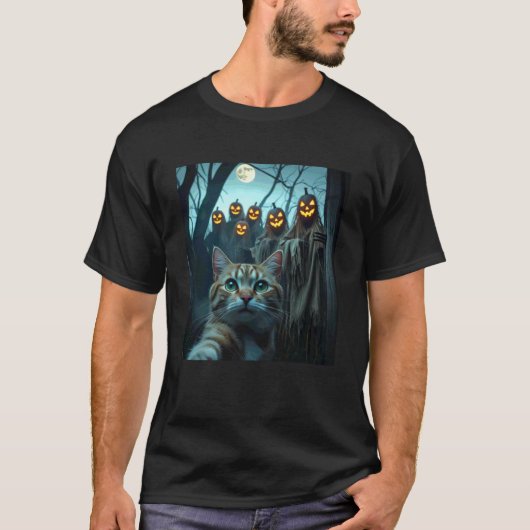 ジャック・オー・ランタン・ハロウィーンの面白い猫の自撮り 2019 Tシャツ (正面)