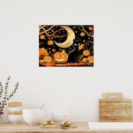 ジャック・オ・ランタンとレトロな黒猫 ポスター