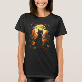 ジャック・オ・ランタンと満月と黒猫 - ハロウィン Tシャツ