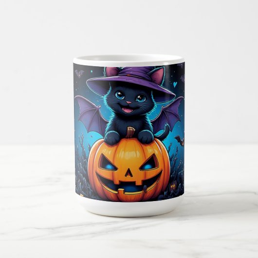 ジャック・オ・ランタンに座るかわいい黒猫の魔女 コーヒーマグカップ (中央)