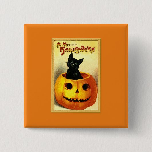 ジャック・オ・ランタンに座るハロウィン・キティ 缶バッジ (正面)