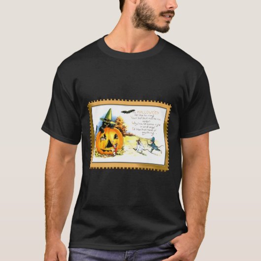 ジャック・オ・ランタンに座るハロウィン・キティ Tシャツ (正面)