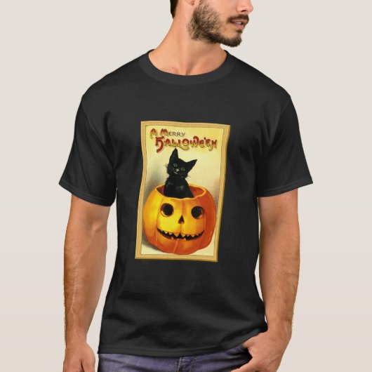 ジャック・オ・ランタンに座るハロウィン・キティ Tシャツ (正面)