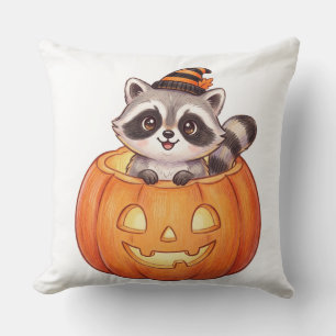 ジャック・オ・ランタンのかぼちゃから顔を出すキュートなハロウィンのアライグマ クッション