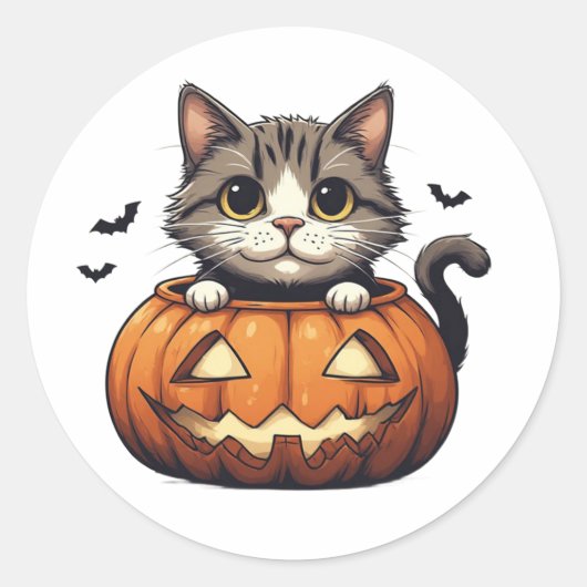 ジャック・オ・ランタンのかわいい子猫 🎃 ラウンドシール (正面)