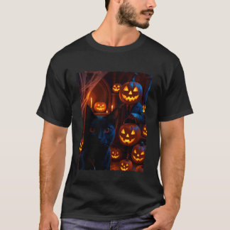 ジャック・オ・ランタンのカボチャと黒猫のセルフィー Tシャツ