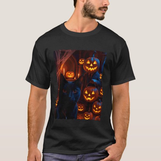 ジャック・オ・ランタンのカボチャと黒猫のセルフィー Tシャツ (正面)