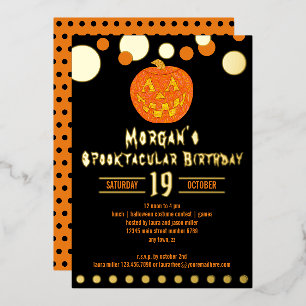 ジャック・オ・ランタンのハロウィンお誕生日おめでとう キッズ&大人 箔招待状
