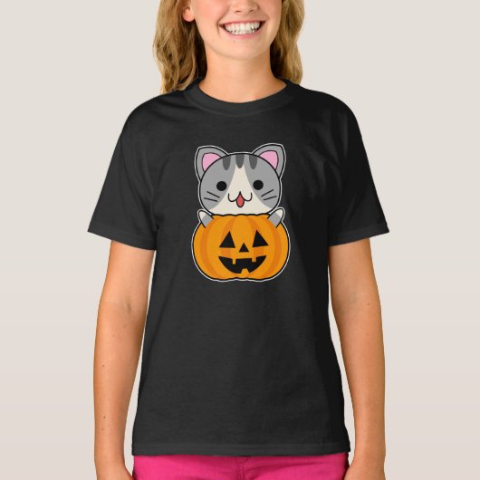 ジャック・オ・ランタンの中の可愛いハロウィン猫 Tシャツ (正面)