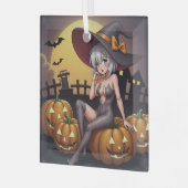 ジャック・オ・ランタンの緑のアイハロウィーンの魔女 ガラスオーナメント (正面左)