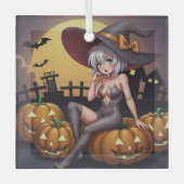 ジャック・オ・ランタンの緑のアイハロウィーンの魔女 ガラスオーナメント (正面)