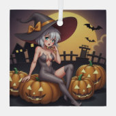 ジャック・オ・ランタンの緑のアイハロウィーンの魔女 ガラスオーナメント (裏面)