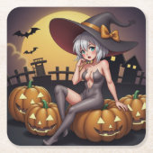 ジャック・オ・ランタンの緑のアイハロウィーンの魔女 スクエアペーパーコースター (正面)