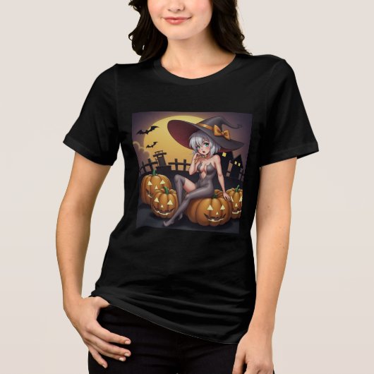 ジャック・オ・ランタンの緑のアイハロウィーンの魔女 トライブレンドTシャツ (正面)