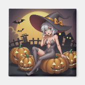 ジャック・オ・ランタンの緑のアイハロウィーンの魔女 マグネット (正面)