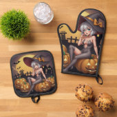 ジャック・オ・ランタンの緑のアイハロウィーンの魔女 鍋つかみ&鍋敷きセット (トップダウン)