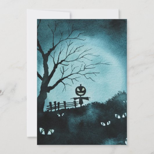 ジャック・オ・ランタンの頭とブルーハロウィーンの付いたかかし 招待状 (裏面)