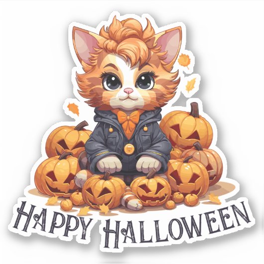 ジャック・オ・ランタン猫「ハッピーハローウィン」 シール (正面)