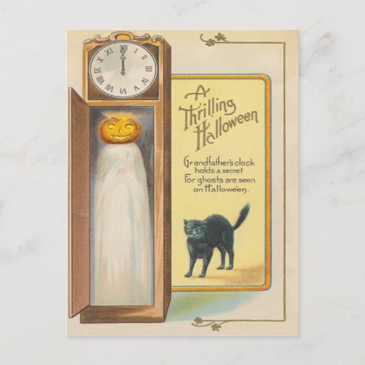 ジャック・オ・ランタン・ゴースト・黒猫の長身時計 ポストカード (正面)