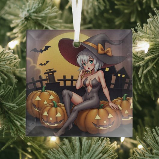ジャック・オ・ランタン・ハロウィン農場の魔女 ガラスオーナメント (インサイチュ)