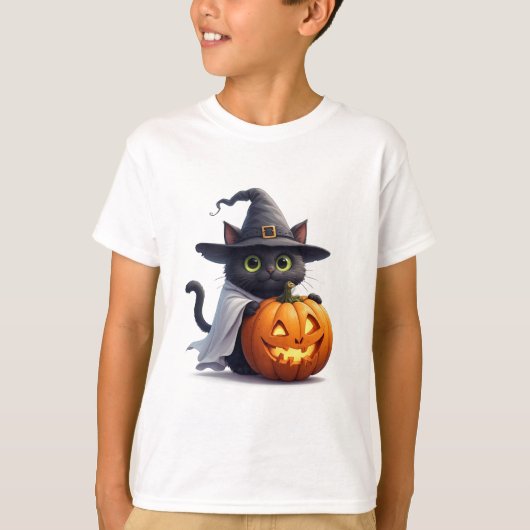 ジャック・オ・ランタン・ハロウィーン・テーマの魔女猫 🎃 Tシャツ (正面)